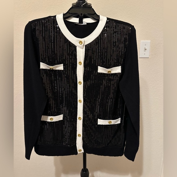 BCBG Jackets & Blazers - BCBG Black and White Sequin Cardigan with Gold Accents. Size Large. NWT.